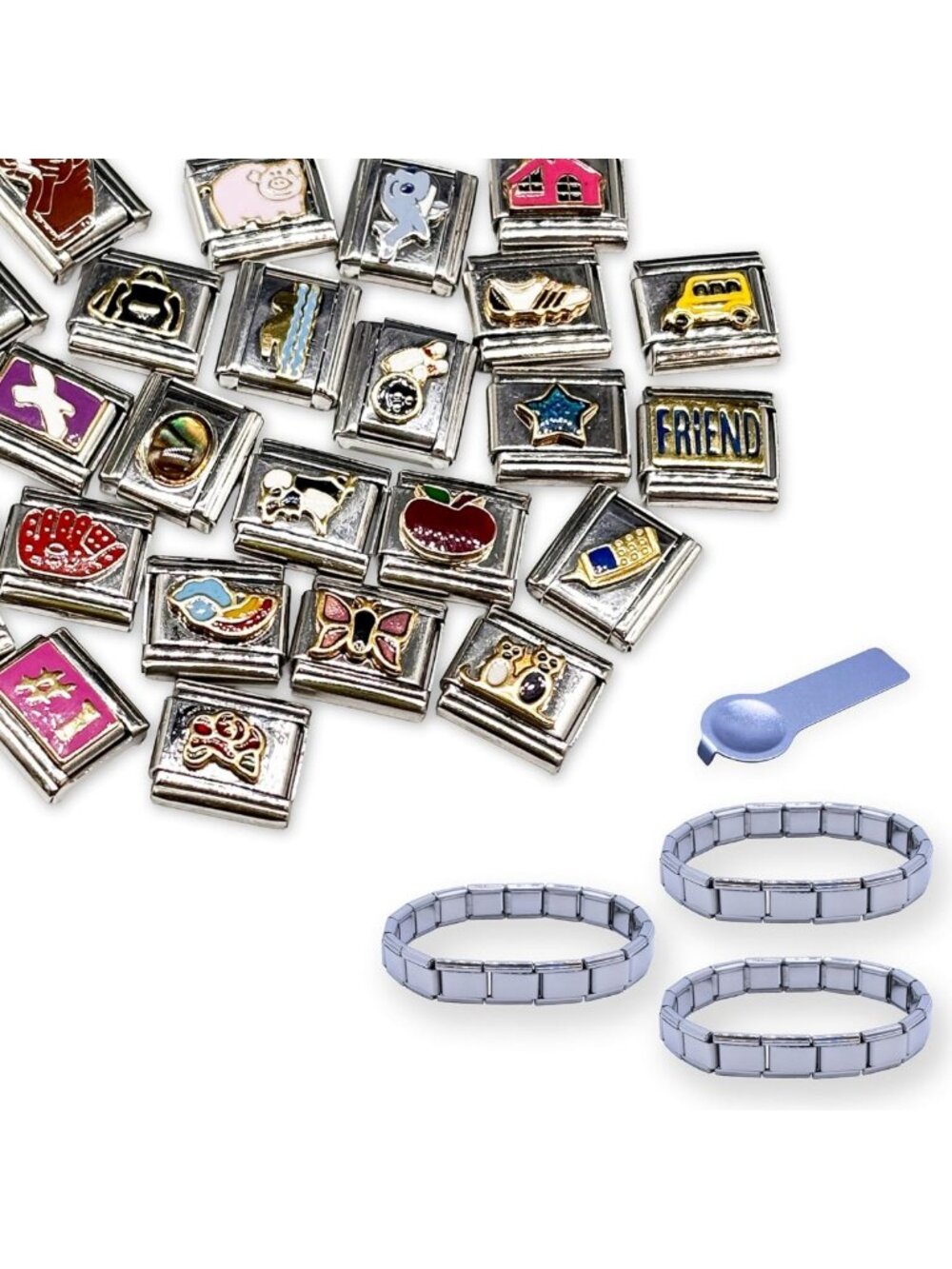 Stainless Steel Italian Charm Bracelet Starter Pack - 9mm Links, 3 Bracelets